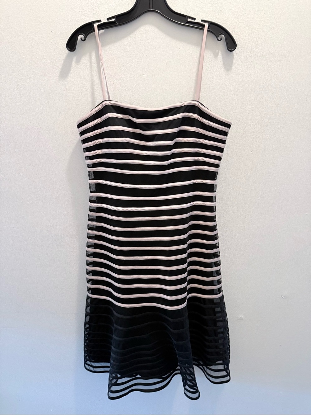 JS Collections Black Mesh Slip Dress with Light Pink Stripes